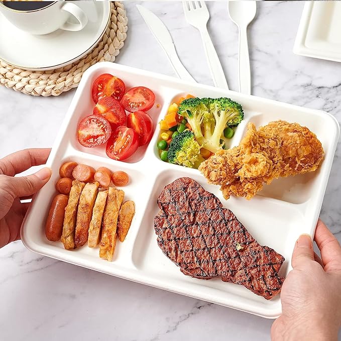 100 Pack - 100% Non Plastics 5 Compartment Paper Plates, Disposable School Lunch Trays, Eco-Friendly Bagasse Plates for School Lunch, Buffet, and Party