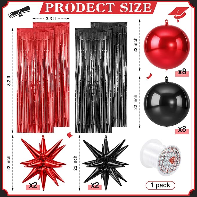 Seenelling 25 Pcs Red and Black Graduation Party Decorations 2026 Sets 22 Inch 4d Large Stars Balloons with Metallic Tinsel Foil Fringe Backdrop Curtains for Birthday Anniversary Wedding Decor