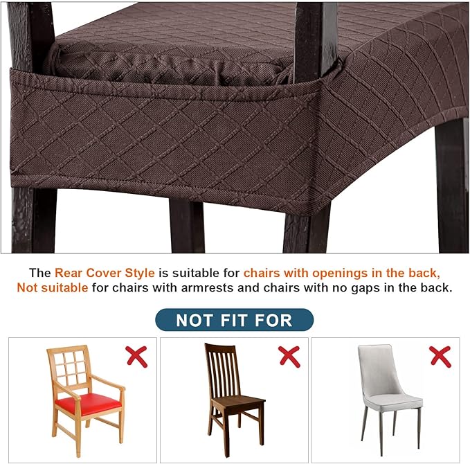Genina Waterproof Seat Covers for Chairs,Set of 2 Dining Room Chair Seat Covers for Kitchen,Stretch Jacquard Removable Washable Dining Chair Slipcovers Protectors with Rear Covers, Chocolate