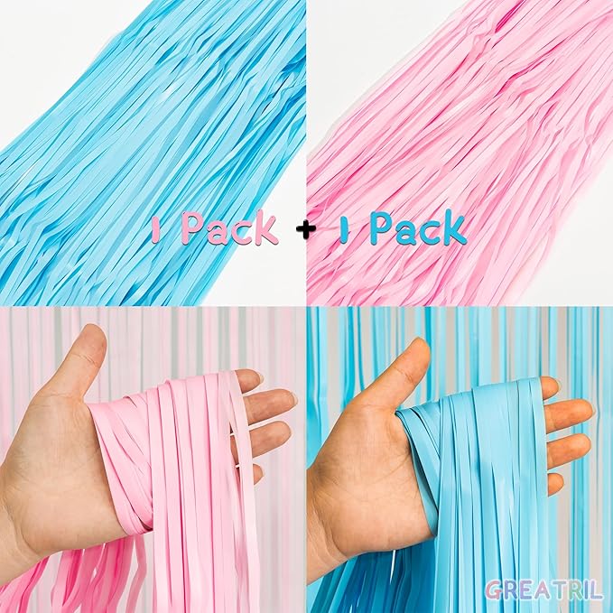 Pink and Blue Party Photo Backdrop - GREATRIL Foil Fringe Tinsel Streamers for Gender Reveal/Pastel/Easter/Birthdays Party Decorations - 3.2ft X 8.2ft - 2 Packs