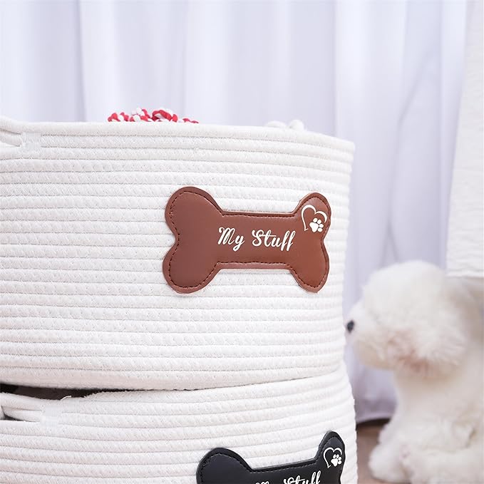 Cotton Pet Storage Basket, 12 x 12 x 7.1 inches, Dog Toy Organizer with Black Leather Bone Design, Dog Toy Storage Organizer, My Stuff Basket Puppy Pet Gift (Pet Dog Basket)