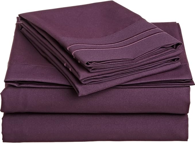 Lamma Loe Silky Soft Luxurious Supreme Microfiber 4-Piece Sheet Set with Embroidered Pillow Cases, Twin, Eggplant Purple