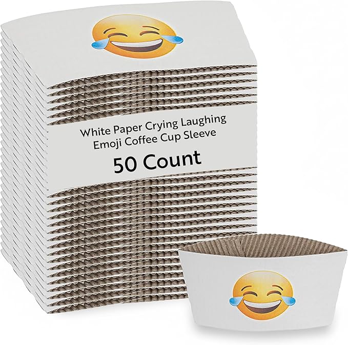 Restaurantware SLEEVES ONLY: Restpresso 5.1 x 2.8 Inch Coffee Cup Sleeves, 50 Corrugated Hot Cup Sleeves - Crying-Laughing Emoji, Heat-Tolerant, White Paper Disposable Coffee Sleeves