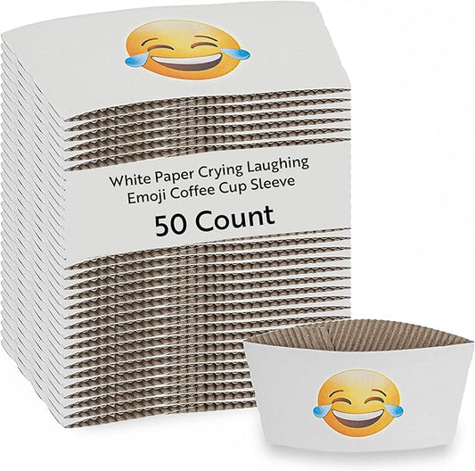 Restaurantware SLEEVES ONLY: Restpresso 5.1 x 2.8 Inch Coffee Cup Sleeves, 50 Corrugated Hot Cup Sleeves - Crying-Laughing Emoji, Heat-Tolerant, White Paper Disposable Coffee Sleeves