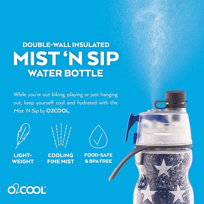 O2COOL Mist 'N Sip Misting Water Bottle 2-in-1 Mist And Sip Function With No Leak Pull Top Spout Reusable Sports Water Bottle - 20 oz (Patriot)