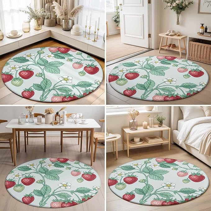 Washable Round Area Rug Strawberries White Flowers Circle Rugs Floor Carpet for Living Room Bedroom, Rustic Garden Botanical Soft Non Slip Round Rug 3ft