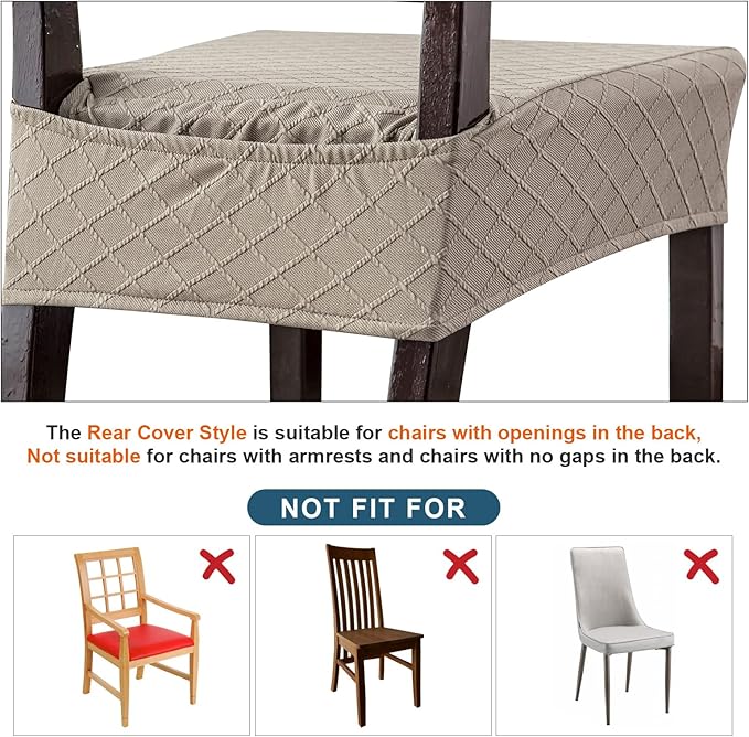 Genina Waterproof Seat Covers for Chairs, Set of 2 Dining Room Chair Seat Covers for Kitchen, Stretch Jacquard Removable Washable Dining Chair Slipcovers Protectors with Rear Covers, Taupe