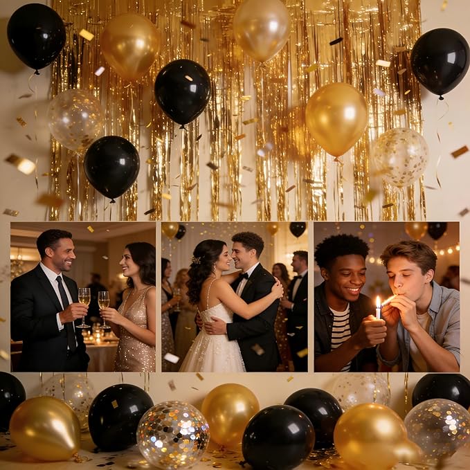 Gold Foil Curtain & Balloon Decoration Set, 2-Pack Metallic Fringe Curtains with Balloons & Garland for Birthday, Wedding, Holiday Photo Booths Ney Year Decorations
