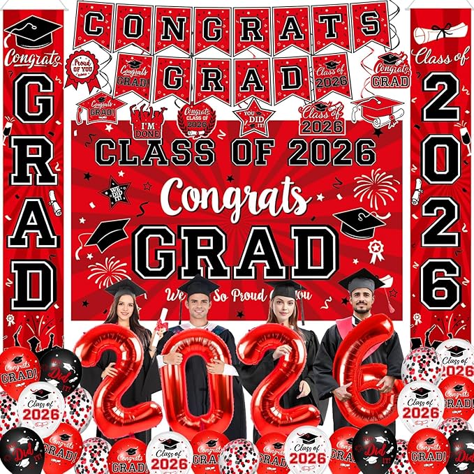 Graduation Decorations Class of 2026 - Red Graduation Party Supplies with Congrats Grad Backdrop & Banner, Hanging Swirls, Porch Sign, Balloons for High School & College Celebrations