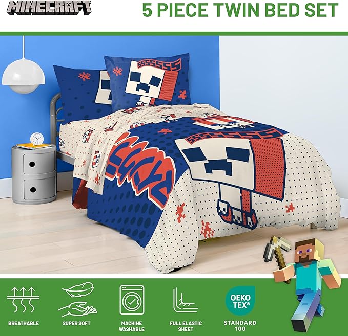 Jay Franco Minecraft Creeper Twin Comforter Set - 5 Piece Bedding Includes Sheet Set & Pillow Covers - Super Soft Red & Blue Oishi Market Kids Bedding