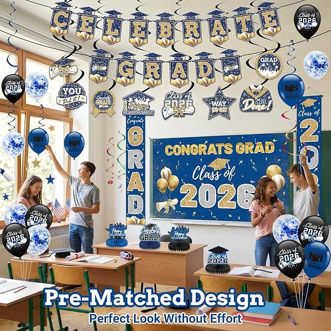 Blue 2026 Graduation Party Decor Kit-Includes Backdrop, Banner, Balloons, Hanging Ornaments & Honeycomb Decorations for Class of 2026 -Full Set for High School and University Graduation Events