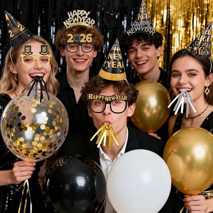 New Years Eve Party Supplies 2026, Black Gold Happy New Years Decorations Set Happy New Year Banner Hats Glasses Blowouts Curtains Latex Balloons 2026 Numbers Balloons for NYE Celebration