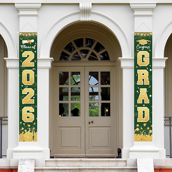2026 Graduation Party Decorations - Green Gold Class of 2026 Congrats Grad Porch Sign Banner Hanging Flag Graduation Party Supplies for School College Classroom Decor