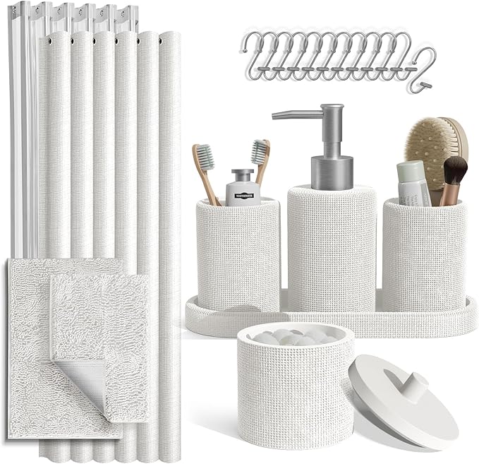 Clara Clark White Bathroom Set - Bathroom Sets with Shower Curtain and Rugs, 21PC Bathroom Accessory Set, Shower Curtain Set with Soap Dispenser & Toothbrush Holder