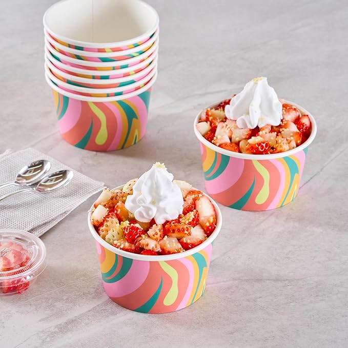 Coppetta 8 Ounce Dessert Cups, 50 Greaseproof Ice Cream Cups - Lids Sold Separately, For Hot And Cold Foods, Psychedelic Sunrise Paper Yogurt Bowls, Disposable, Sturdy - Restaurantware