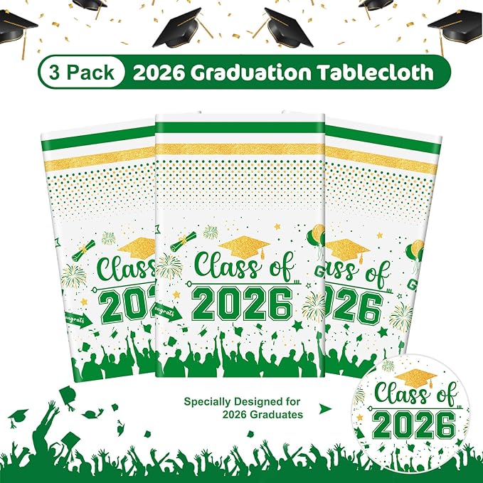 Graduation Decorations Class of 2026 Tablecloth - 3 Pcs Plastic Congrats Grad Table Cloth, Graduation Table Cover for Graduations Party Decorations 2026 and Party Supplies, 54"x108" (Green and Gold)