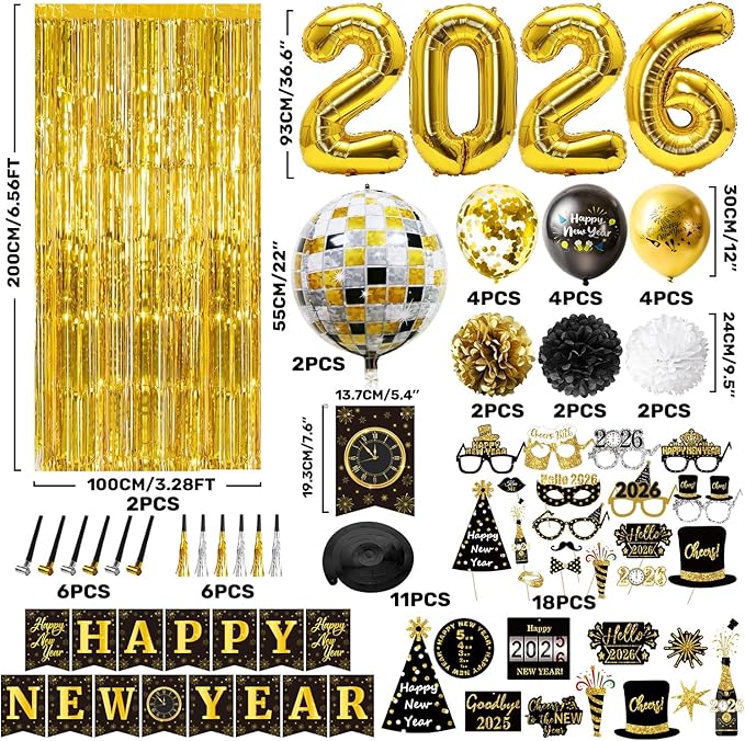 MOVINPE New Years Eve Party Decorations 2026 Black Gold, Happy New Year Party Supplies, Banner Pompoms Number Balloon Fringe Curtain Photo Booth Props Hanging Swirl Squawkers Blowouts