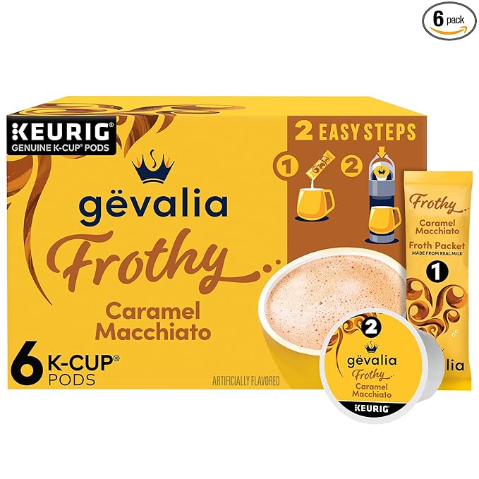 Gevalia Frothy 2-Step Artificially Flavored Caramel Macchiato Espresso Style K-Cup Coffee Pods & Froth Packets Kit, 6 ct Box