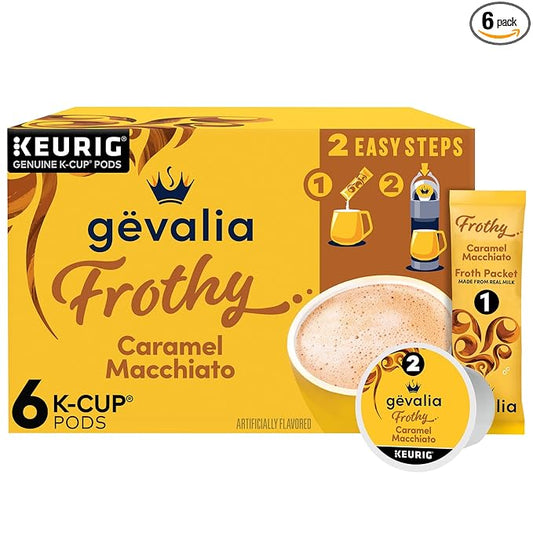 Gevalia Frothy 2-Step Artificially Flavored Caramel Macchiato Espresso Style K-Cup Coffee Pods & Froth Packets Kit, 6 ct Box