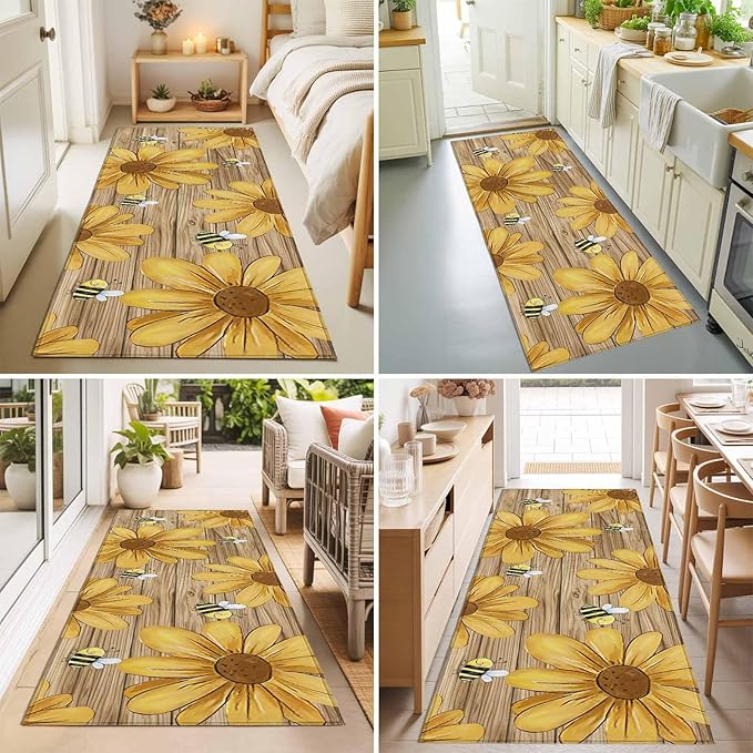 Runner Rug for Bedroom Hallway, Summer Yellow Bee Blossom Flower Kitchen Runner Rugs Area Rug 2x6ft, Retro Rustic Brown Wood Board Washable Soft Floor Carpet for Entryway Stair