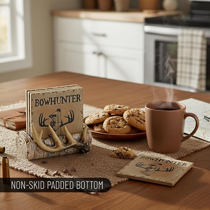 Pine Ridge Home Antler Wood Log Coaster Set with Holder - Bow Hunter Country Absorbent Coaster - Cabin Lodge Home Decor for Hunter Men - Man Cave Coasters Rustic Wood Decor Accent