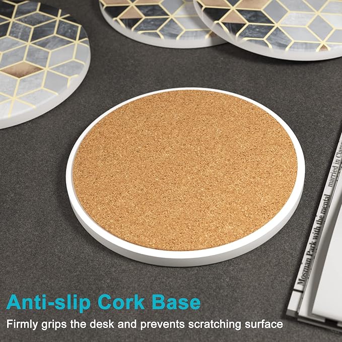 Nipichsha Coasters for Drinks, Set of 6 Cute Absorbent Ceramic Drink Coasters for Cup with Holder and Cork Base, Kitchen Home Decor Housewarming Gift, Round 4 in, Gray Gold Rhombus