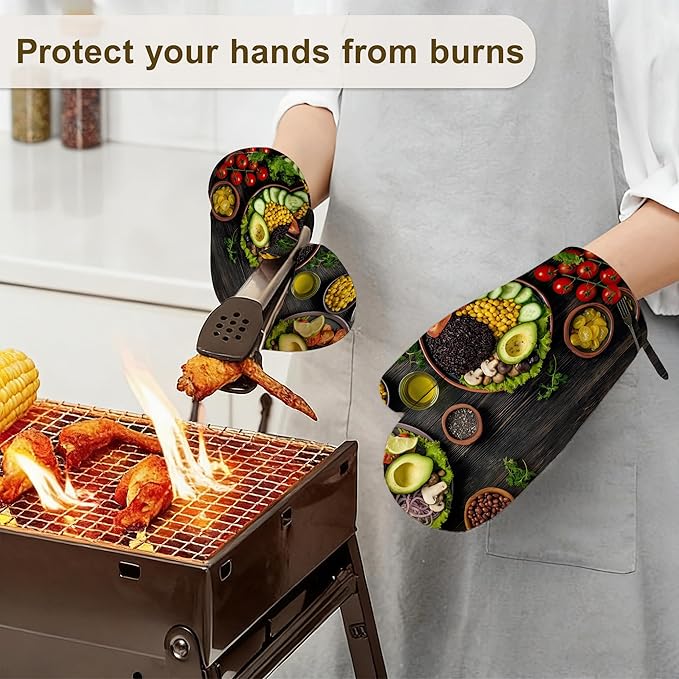 Healthy Food Oven Mitts and Pot Holders Set of 4,Kitchen Glove Heat Resistant Oven Mitts with Non-Slip Silicone for Baking, Cooking, BBQ