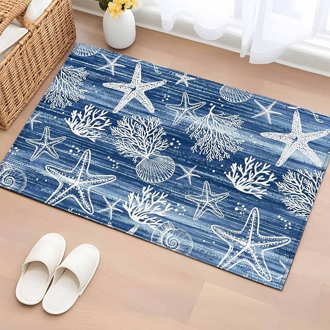 Navy Blue Coastal 2x3 Door Mat Rug, Ocean Coral Starfish Non-Skid Rubber Backing Large Rectangle Rugs - Living Room Bedroom Home Office, Summer Beach Indoor Floor Mat Carpets Washable Rug
