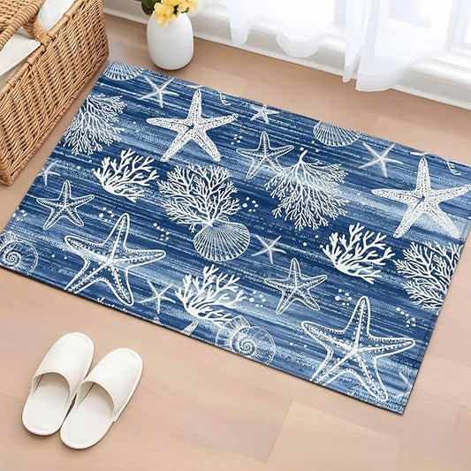 Navy Blue Coastal 2x3 Door Mat Rug, Ocean Coral Starfish Non-Skid Rubber Backing Large Rectangle Rugs - Living Room Bedroom Home Office, Summer Beach Indoor Floor Mat Carpets Washable Rug