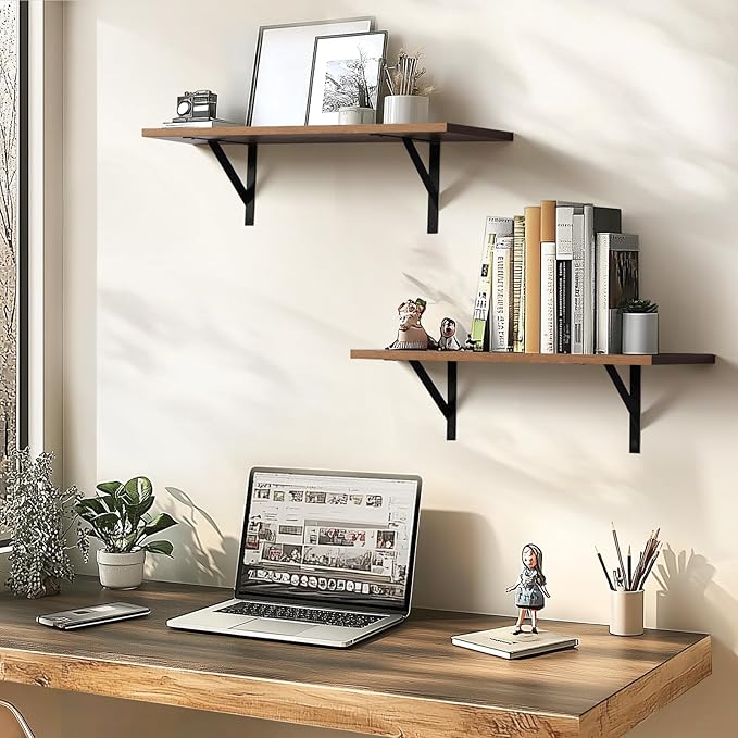 Heavy Duty Long Wall Shelves Set of 2, Floating Shelves Wall Mounted with Industrial Brackets, 40lbs Capacity Shelves for Laundry Room, Kitchen, Bathroom, Living Room (24"*8",Rustic Brown)