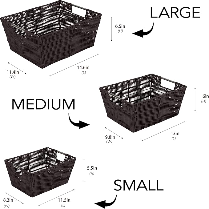 Simplify 3 Piece Set Woven Rattan Tote Baskets | Multi-Size | Handles | Storage & Organization | Toys | Bathroom Accessories | Home | Office | Dorm | Playroom | Closet | Chocolate