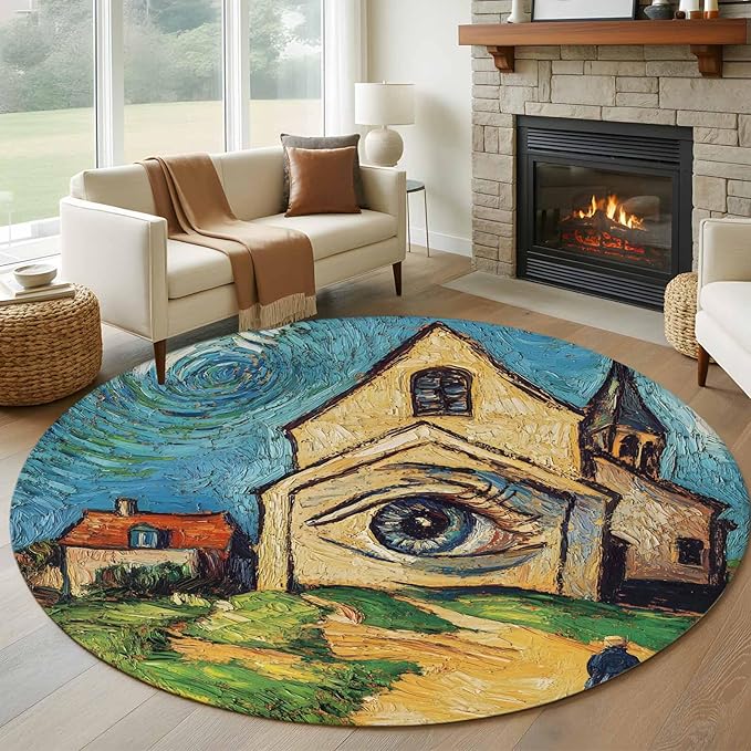 Washable Round Area Rug Abstract Farmhouse Starry Night Eye Circle Rugs Floor Carpet for Living Room Bedroom, Rustic Oil Painting Art Soft Non Slip Round Rug 5ft