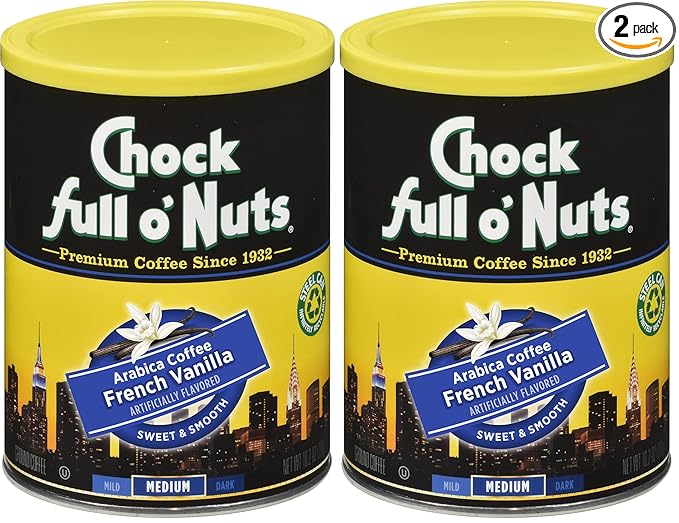 Chock Full o’Nuts French Vanilla Roast, Medium Roast Ground Coffee, Sweet and Delicious with an Inviting Aroma and Rich, Vanilla Flavor (10.2 Oz. Can) (Pack of 2)