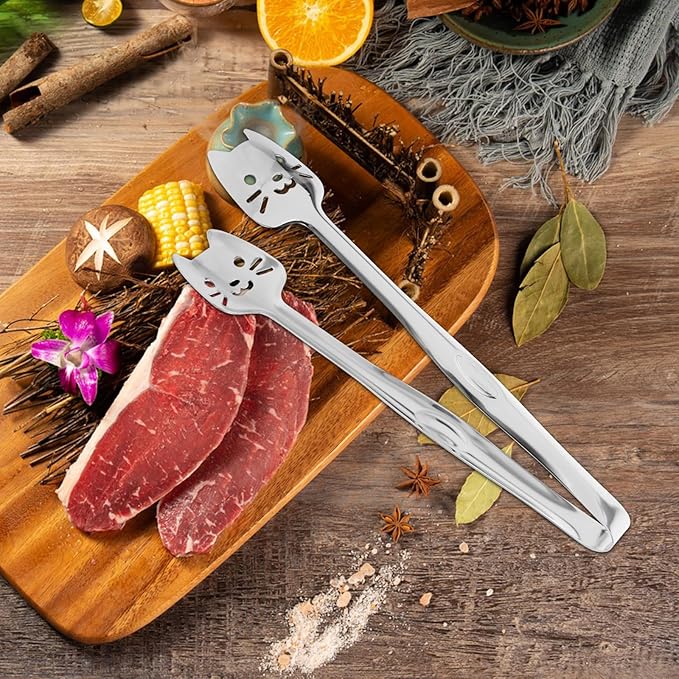 jojofuny Stainless Steel Kitchen Tongs Cat Face Design Metal Food Clips Small Buffet Serving Tongs for Cooking Baking and Dessert