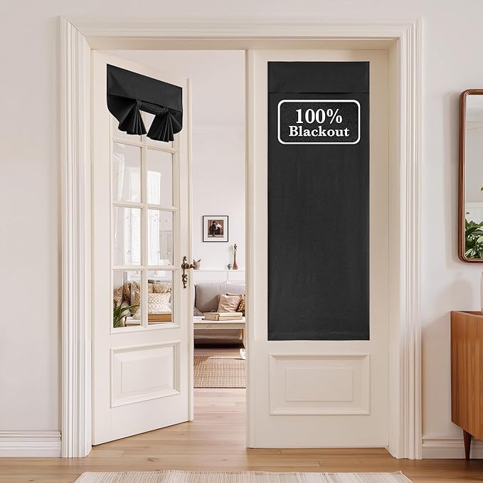 NICETOWN 100% Blackout Linen Black Door Curtains for Window, Privacy French Door Curtain 69 Inches Long for Kitchen Living Room, Room Darkening Tie Up Shade, 1 Panel, 30W x 69" L