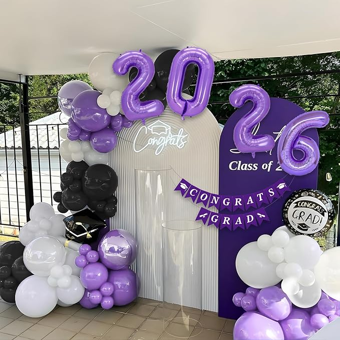 Graduation Decorations Class of 2026: Purple and Black Graduation Balloon Arch Garland Kit and Purple Confetti Balloons Congrats Grad Banner 2026 Foil Balloon Decorations For Grad Party