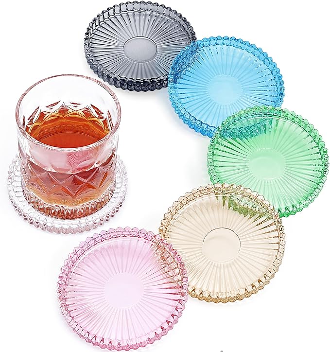 Vintage Glass Coasters, GOH DODD Set of 6 Crystal Coasters Tabletop Protection for Drinks, Home Decor, Kitchen, Living Room, Patio, Wedding, Party, Housewarming Gifts, Mixed Colors
