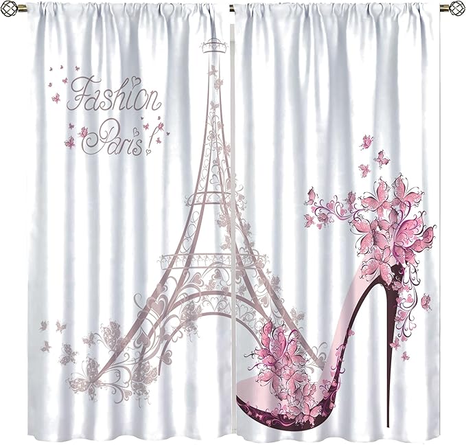High Heel Shoe Curtains, Girls Lady Floral Eiffel Tower Cloth Farbic Window Treatment Curtains Bedroom Dining Room Living Room Office Kitchen Cafe Drapes, 55x63 in
