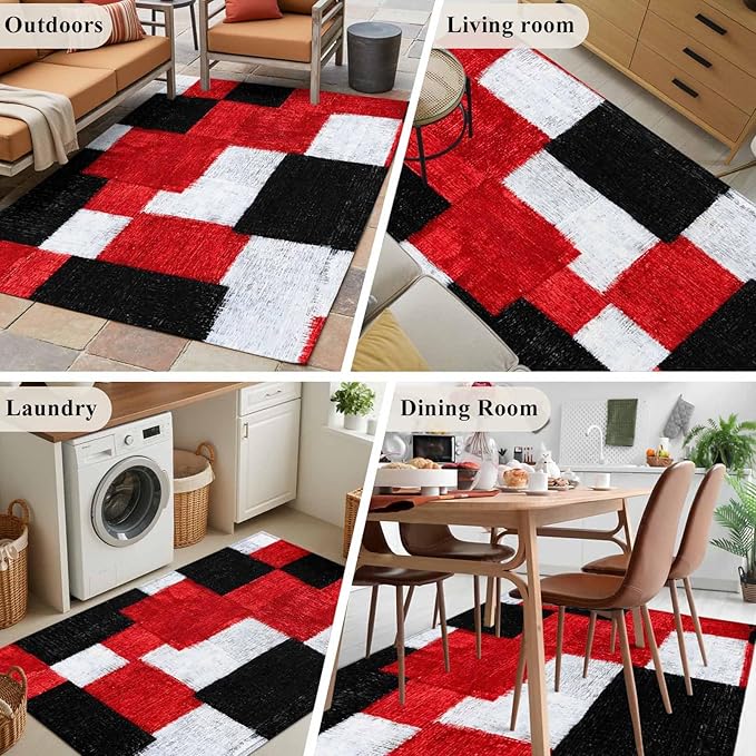 Area Rug 4x6ft, Red Black White Gradient Washable Rugs for Living Room Bedroom, Abstract Color Block Soft Non-Slip Area Rugs Rectangle Floor Carpet for Dining Room