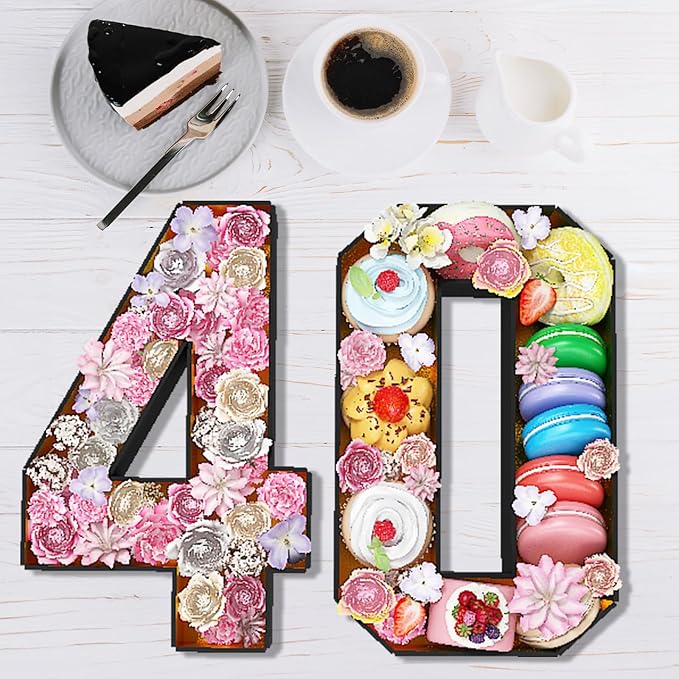 40 Cardboard Numbers for Charcuterie Numbers Fillable 13.8'' Black Gold Paper Mache Number Shaped Cupcake Pans Board Box Trays Container for Food Candy 40th Birthday Party Decorations Anniversary
