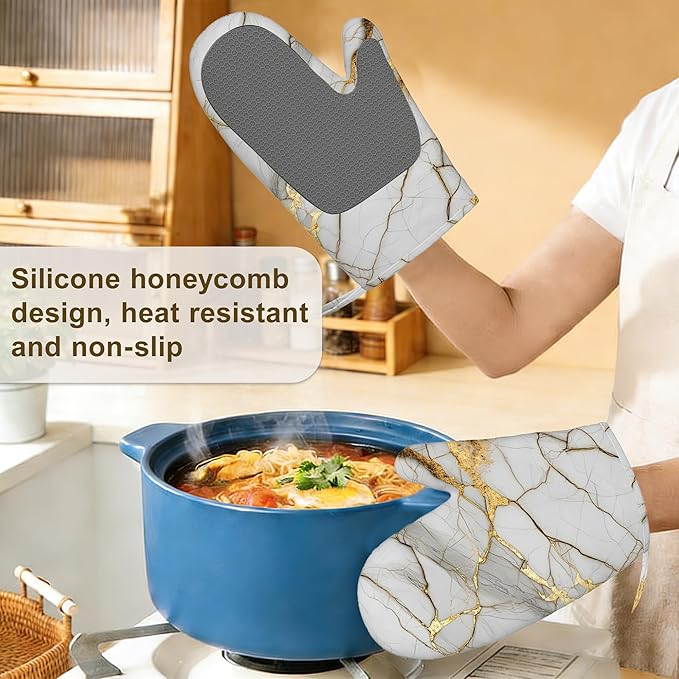 White Gold Marble Oven Mitts and Pot Holders Sets,Silicone Abstract Kitchen Mitts Potholders Heat Resistant 4Pcs Oven Gloves Hot Pads for Kitchen Baking Cooking