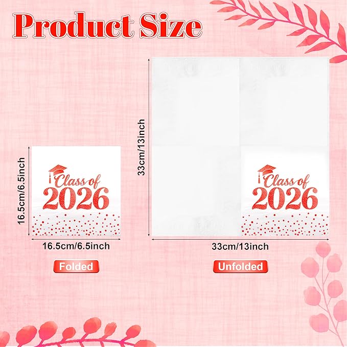 Graduation Napkins - Class of 2026 Napkins Disposable Paper Napkins Congrats Grad Cocktail Napkins Graduation Decorations 2026 Red Napkins Hand Towels for College Graduation Party Decorations 100 Pcs
