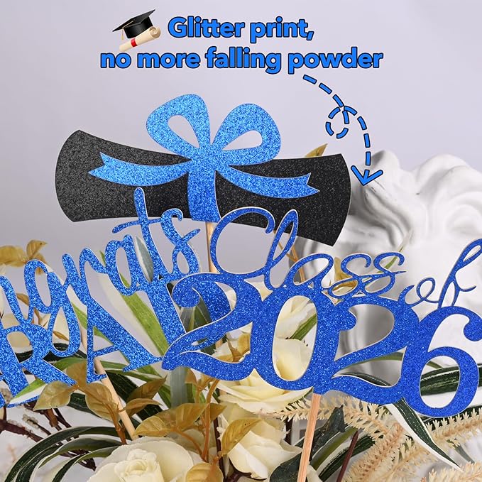 Graduation Decorations 2026, 20 PCS Sparkling Black and Blue Double-Sided Centerpiece Sticks for Tables, Class of 2026 Table Toppers and Party Supplies