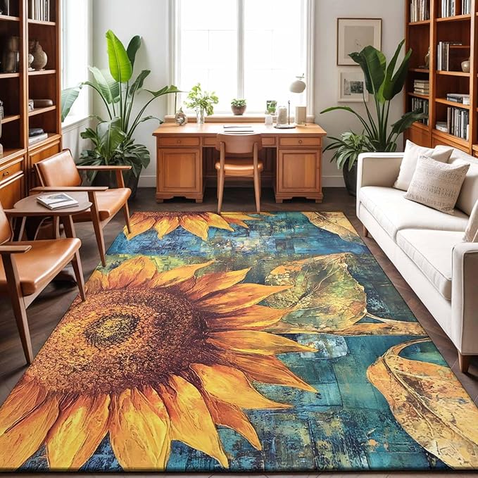 Area Rug 4x6ft, Rustic Golden Sunflower on Teal Blue Washable Rugs for Living Room Bedroom, Abstract Floral Soft Non-Slip Area Rugs Rectangle Floor Carpet for Dining Room
