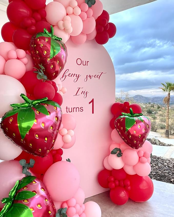 Strawberry Balloons Garland Arch Kit - 153Pcs Different Size Red and Pink Balloons for Girls Sweet One Berry First Birthday Baby Shower Valentine's Day Strawberry Party Decorations
