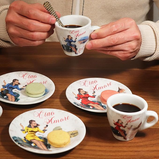 Lorren Home Porcelain Espresso Cups and Saucers, Vespa Scene Design, 3 Oz, Set of 6