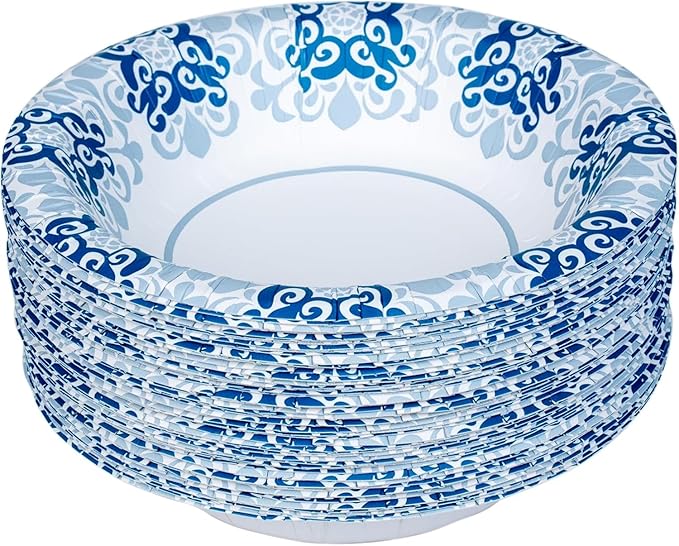 Glad Round Disposable Paper Bowls, Blue Victorian Design - Heavy Duty, Soak-Proof, Cut-Resistant, Microwavable Paper Bowls for All Foods and Daily Use, 16 oz, 50 Count - 6 Pack