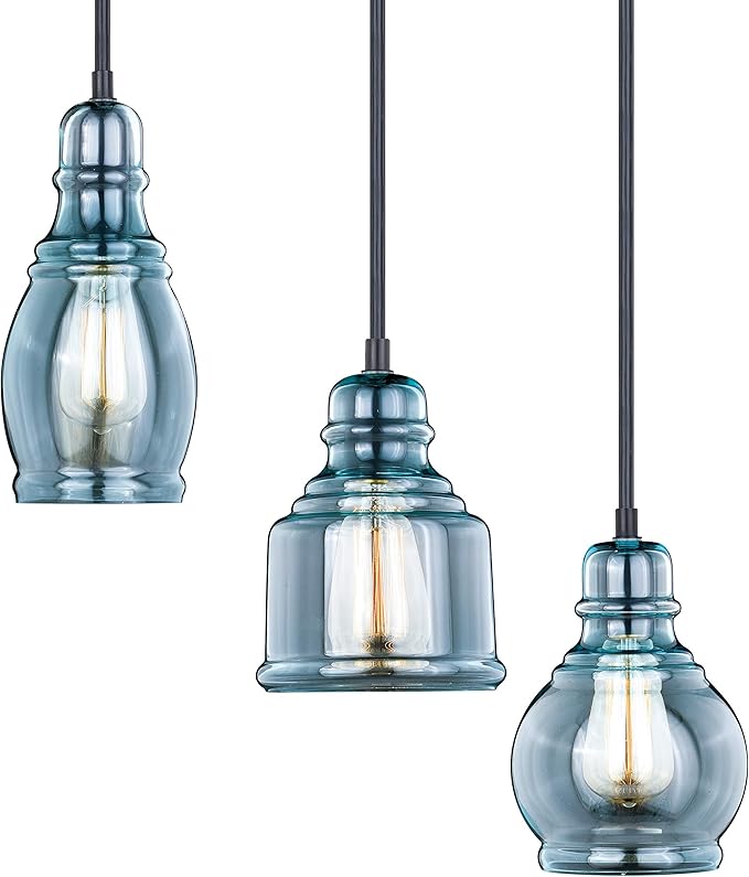 VAXCEL Millie 3L Bronze Farmhouse Jar Pendant Chandelier Ceiling Light Fixture Blue Glass