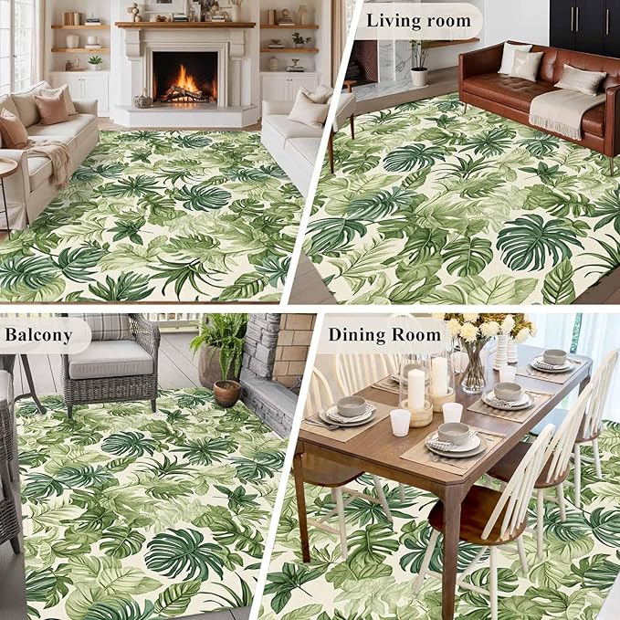 Area Rug 6x9ft, Green Palm Leaf Watercolor Washable Rugs for Living Room Bedroom, Summer Tropical Leaves Soft Non-Slip Area Rugs Rectangle Floor Carpet for Dining Room