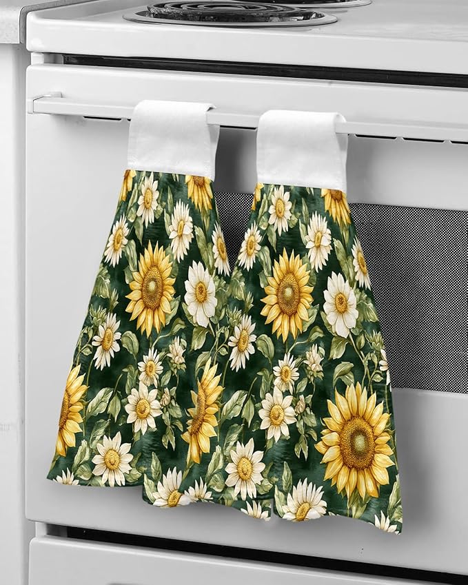 Alandar Home Kitchen Tie Towel Set of 1, Country Sunflower Green Watercolor Leaves Absorbent Soft Hand Towels for Bathroom Hanging Towels, Blossom Floral Fast Drying Cleaning Cloth with Loop